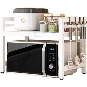 Microwave Oven Rack Expandable Countertop Heavy Duty Microwave Shelf 2-Tier Adjustable Metal Storage Shelf Rack for Kitchen (White)
