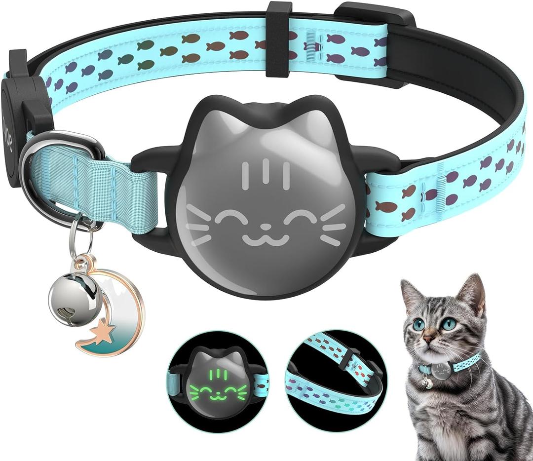 Waterproof Airtag Cat Collar, Breakaway Cat Airtag Collar with Luminous & Reflective Pattern Strap, Lightweight Kitten Collars for Apple Air tag, Hidden Holder for GPS Tracker - Cats, Kittens (9-13") (Mint Green)