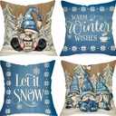 Warm Winter Wishes Decorative Throw Pillow Covers 18x18 Set of 4, Let It Snow Blue Gnome Pine Trees Cushion Case Decor, Snowflakes Seasonal Farmhouse Home Christmas Decoration for Sofa Couch