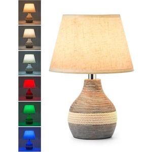 UMEXUS 10 Small Ceramic Cordless Table Lamp with Timer, Dimmer, Linen Shade, Remote Control, Rechargeable Battery Light for Patio Nightstand Kitchen Counter Living Room Side Table, Bulb Included (10"H Mini - Rope accent design)