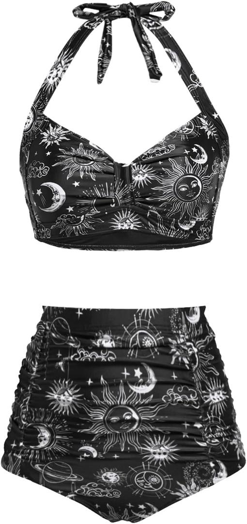 Holipick Women High Waisted Bikini Set Two Piece Swimsuit Tummy Control Bathing Suit Vintage Halter Swimwear (18 Plus, Black Sun Moon)