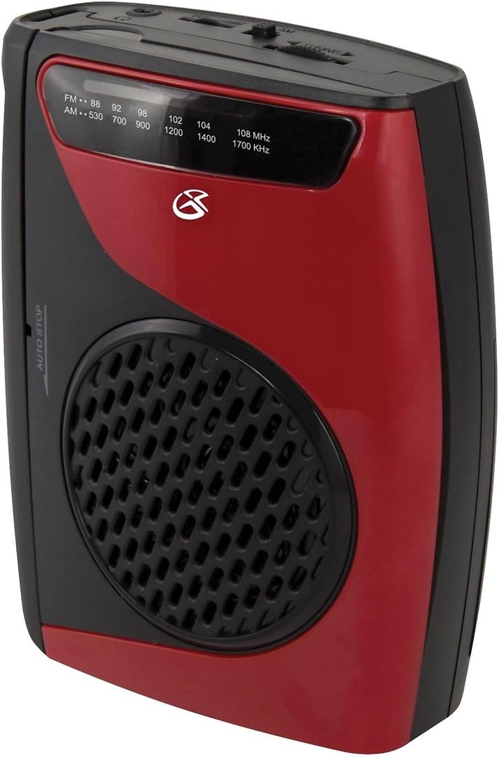 GPX Portable Cassette Player, Compatible With Headphone, 3.54 x 1.57 x 4.72 Inches, Requires 2 AA Batteries - Not Included, Red/Black (CAS337B) Black/Red
