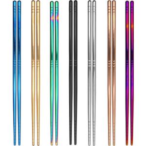 7 Pairs Metal Chopsticks, 7 Colors Reusable Stainless Steel, 13 Rings Pattern Non-slip Dishwasher Safe Chop Sticks, Square Lightweight, 8.9 Inches