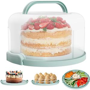 Cake Carrier with lid and Handle  Multipurpose Cake Stand with Lid for 10” Cake, Pie, Cupcakes  Cake Holder & Lid, Plastic Cake Container, Round Cake Cover for Transport & Storage (Seafoam Green)