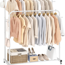 Laiensia Double Rods Garment Rack with Wheels, Clothing Rack for Hanging Clothes,4 Hooks, Multi-functional Bedroom Clothes Rack, White