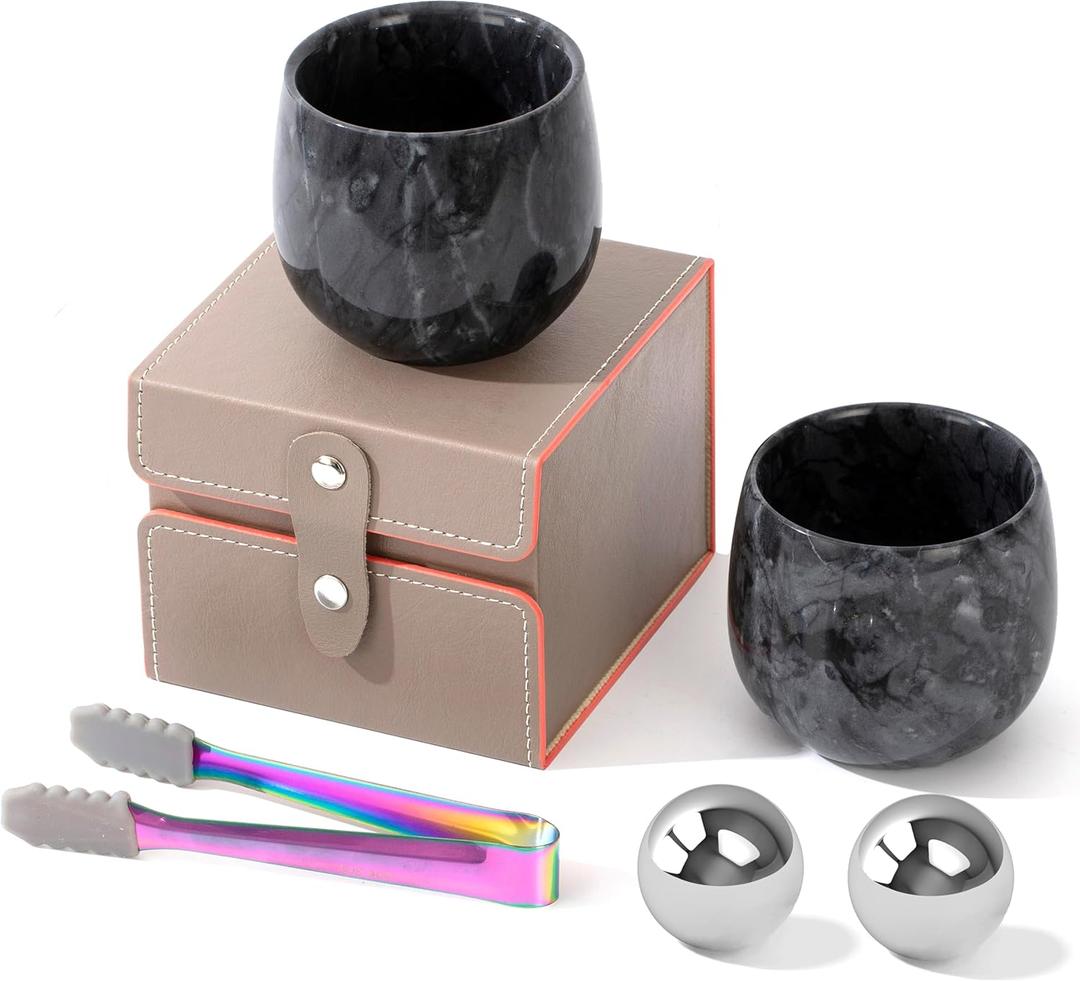 Marble Whiskey Glasses Set of 2, Bourbon Gifts for Men, Freezable Old Fashioned Bourbon Drinking Glass, Anniversary, Birthday Gifts (Black+Black)