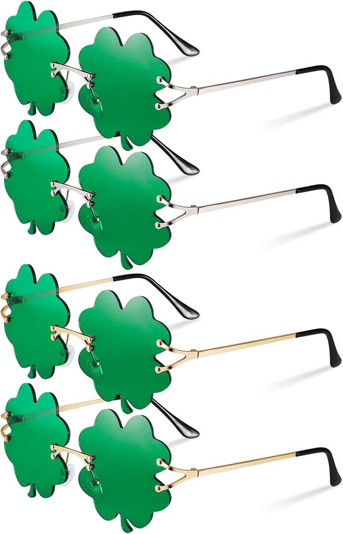 JATEBI 4 Pairs St. Patricks Day Irish Shamrock Sunglasses Green Four Leaf Clover Glasses Leprechaun Costume Eyeglasses