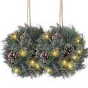 Sosation 2 Pcs 10 Inch Prelit Artificial Christmas Kissing Ball Decoration with Hanging Pine Cones, Frosted Branches and Berries for Home and Party Decor