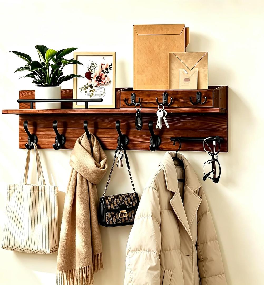 Wall Mount Wooden Coat Rack with Shelf, Entryway Key Hook Rack for Hallway