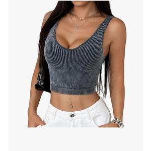 Womens Workout Tank Tops Seamless Vintage U-Neck Ribbed Slim Fit Short Top Sports Bra Yoga Tops, Size S, Black