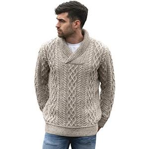 Aran Crafts Men's Soft Irish Cable Knit Shawl Collar Sweater (100% Merino Wool) Color :Oatmeal, Size: XL