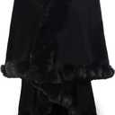 ZLYC Women Fine Knit Open Front Faux Fur Trim Layers Poncho Cape Cardigan Sweater (One Size, Plain Black)