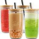Mason 4 Pack Reusable Tea Cups, Glass Jars 24oz Wide Mouth Smoothie Cups with Bamboo Lids and Silver Straws, Drinking Glass Bubble Tea Cups for Iced Coffee Travel Bottle