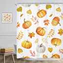 Riyidecor Autumn Fall Shower Curtain 60Wx72H Inch Pumpkin Maple Leaves Farmhouse Rustic Thanksgiving Harvest Orange Farm Plant Botany Bathroom Decor Fabric Polyester Waterproof 12 Pack Hooks