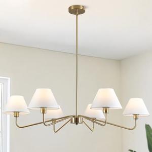 37" Brushed Gold Dining Room Light Fixture, 6-Lights Modern Chandeliers with White Fabric Shade, Classic Farmhouse Ceiling Light Brass Pendant Lighting for Kitchen Island Living Room Bedroom Hallway