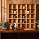 Kigley Oversize Coffee Mug Display Rack Wooden Shelves Rustic Shot Glass Display Case Travel Mug Shelf Wall Mounted Rack Holder Shadow Box (5 x 6,Light Nut-Brown), 32.68 Inches X 35.83 Inches X 4.13 Inches