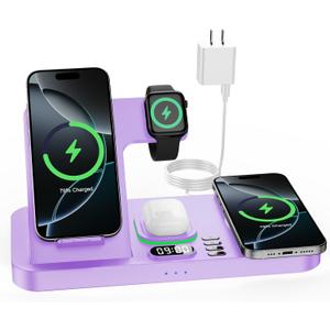Dual Phone Wireless Charging Station for Apple Devices, Magnetic Charging Station for iPhone with Auto Switch 7-Color Light&Clock,Family Watch Charger for iPhone17 for iWatch11for AirPods Pro3(Lilac