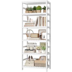 FOTOSOK 6-Tier Bamboo Shelf, Bamboo Bookcase with Adjustable Shelves, Free Standing Storage Shelf Unit, Plant Flower Stand for Bathroom, Kitchen, Home Office, White, 10.2D x 23.6W x 63.4H in