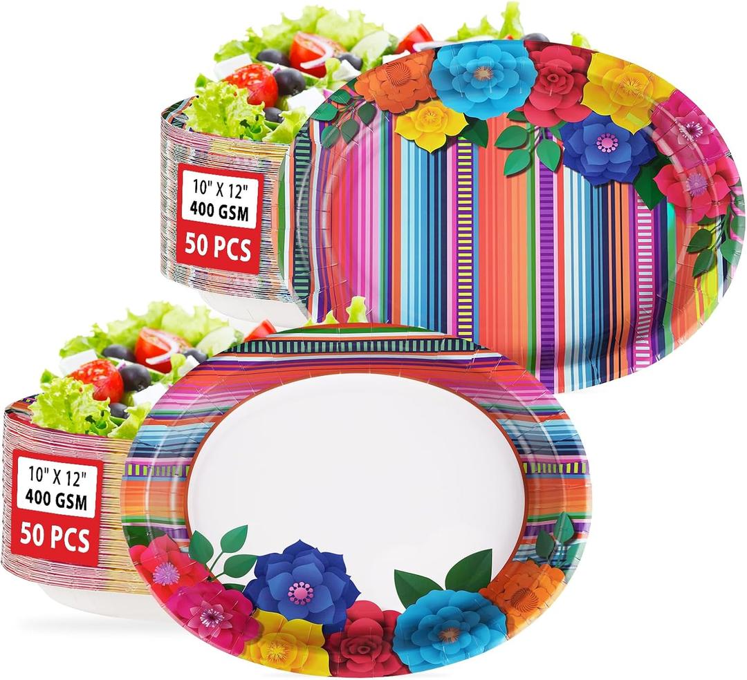 100Pcs Mexican Fiesta Party Plates 10" x 12" Large Disposable 400 GSM Heavy Duty Mexican Floral Stripes Oval Paper Plates Cinco De Mayo Decorations for Baby Shower Mexico Taco Party Supplies