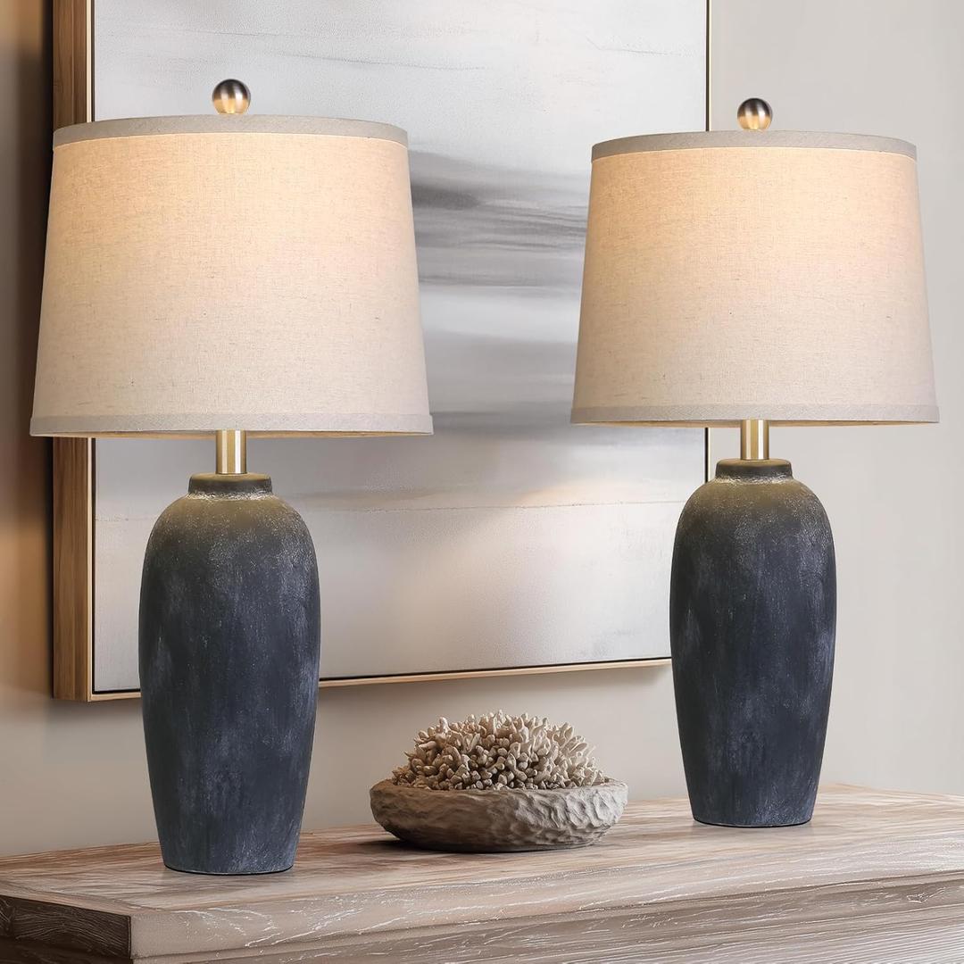 25 Jar Table Lamps Set of 2, Ceramic Bedside Lamps for Bedroom, Black Farmhouse Nightstand Lamps for Living Room