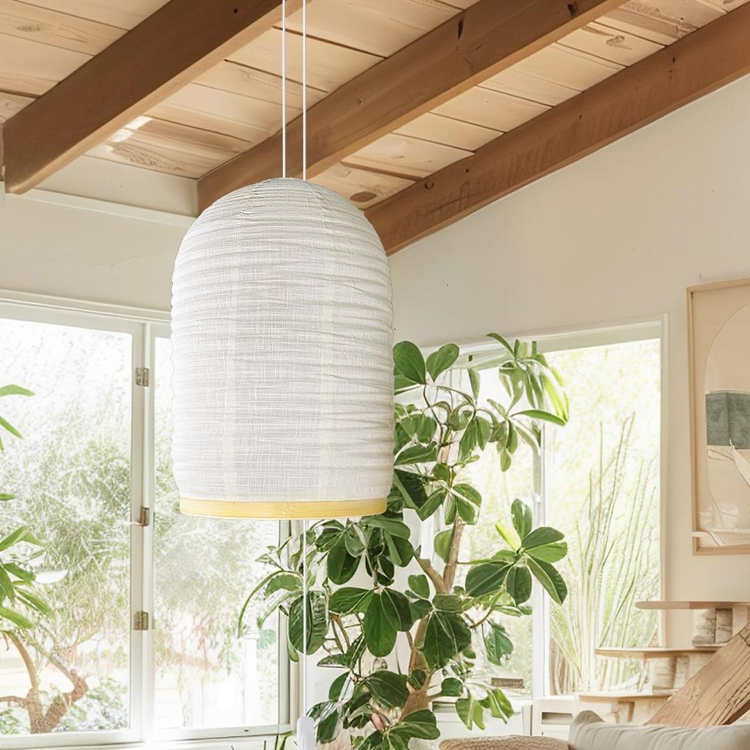 Plug in Pendant Light, 20 Inch Japandi Linen Hanging Lamp with 15.5 ft Cord, Boho Beige Fabric Pendant Light with E26 Socket for Bedroom Living Room Corner Apartment, Bulb Not Included