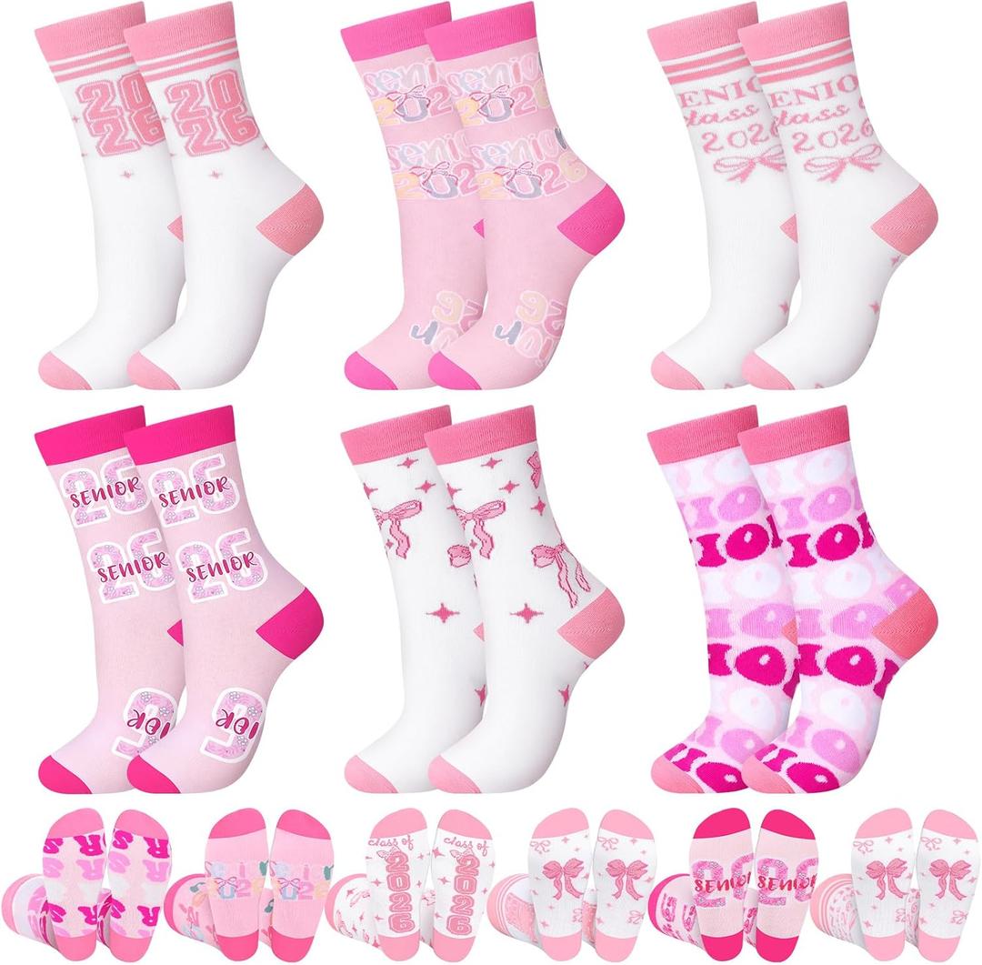 Newcotte 6 Pairs Pink Graduation Socks 2026 Senior Pink Bow Graduation Gifts Class of 2026 Socks Cheer Senior Night Gift for Girls Cheer Team Coaches Training Daily Wear Coquette Grad Party Supplies (Pink)