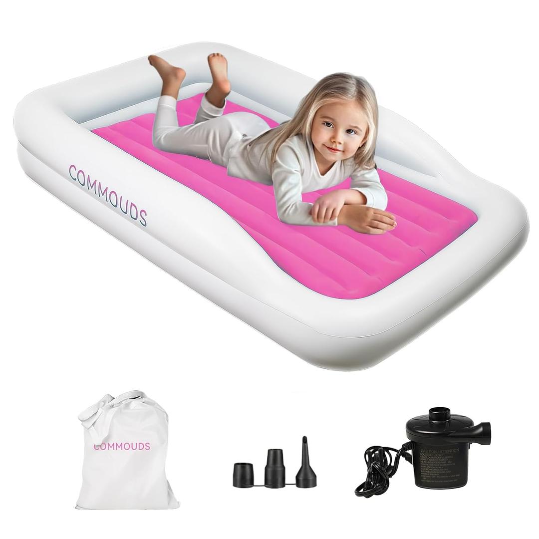 COMMOUDS Portable Toddler Travel Bed with Safety Bumpers, Inflatable Kids Air Mattress with Electric Pump, Baby Blow up Mattress, for Grandma's Home Camping Vacation, 40 inches x 62 inches x 10 inches