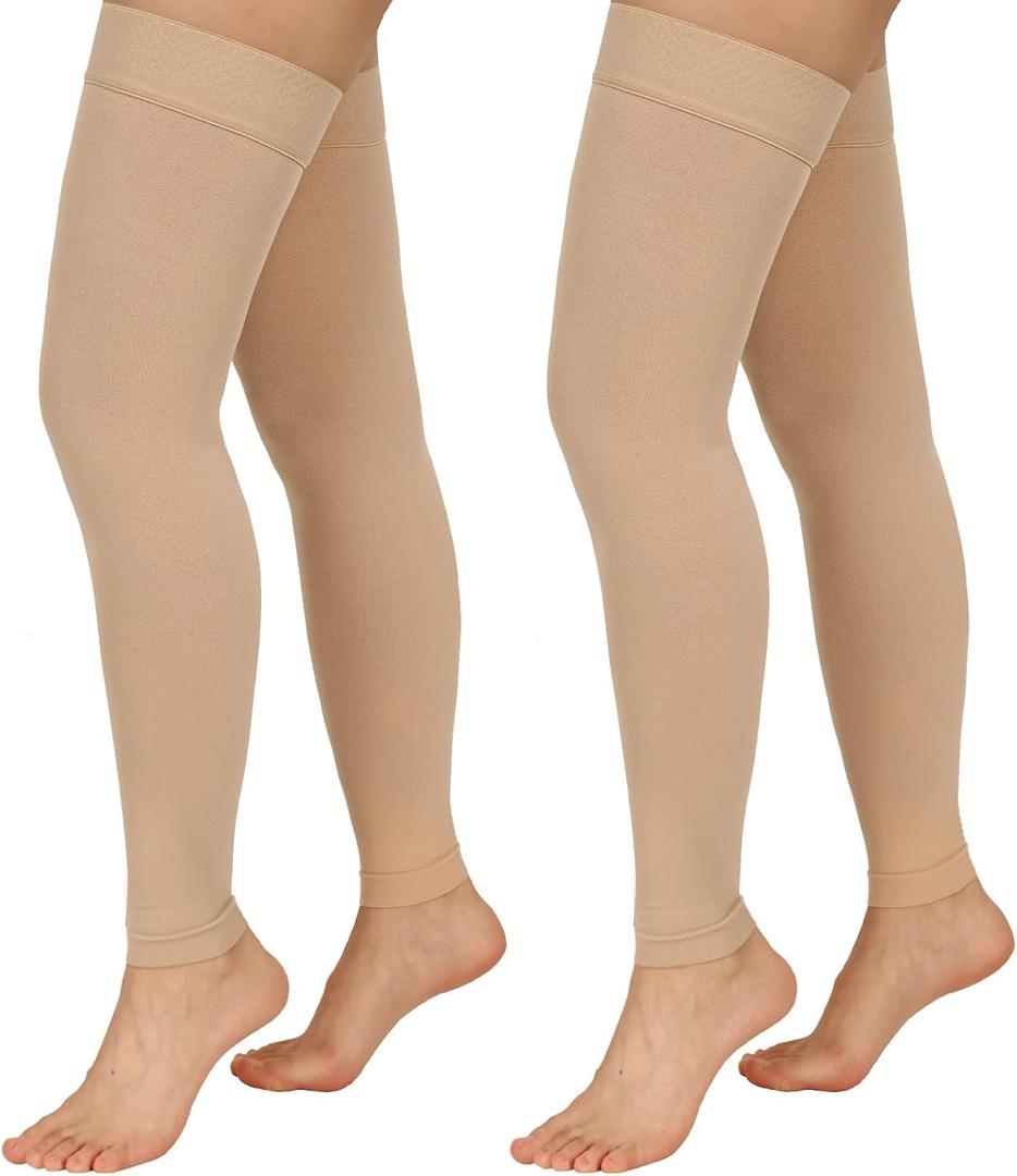 2 Pairs Compression Stockings for Women & Men, 20-30mmHg Thigh High Compression Socks, Footless Medical Socks with Silicone Dot Band--Best Support for Nursing Sports Varicose Veins(Beige,L)