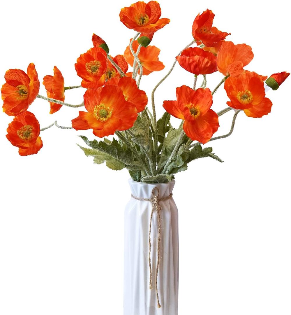 Artificial Flowers 5Pcs Poppies Flowers Artificial Silk Flowers for Home Office Wedding Outdoor Decor (Dark Orange)
