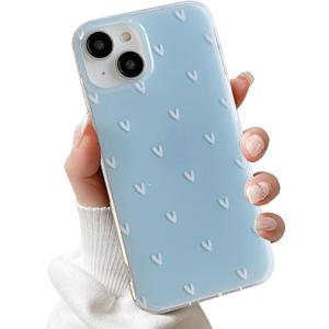 for iPhone 13/14 Case Cute Heart Polka Dot Simple Phone Case Wear IMD Slim Protection Crove for Women Girls-Blue White Heart