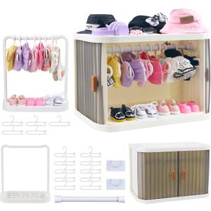 Foldable Doll Wardrobe Closet Storage Box Compatible with Labubu Clothes with 15 Hangers & Rod - Stackable Organizer Cabinet for 15/17cm Doll Clothes with Dust-Resistant Cover and Display Shelf