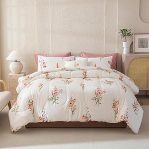 Merryword 8 Pcs Bed in a Bag Queen Botanical Floral Comforter Set Pink Flowers Comforter Pastoral Style Bedding with 1 Comforter, 4 Pillowcases, 1 Flat Sheet, 1 Fitted Sheet, 1 Cushion Cover (White Pink)