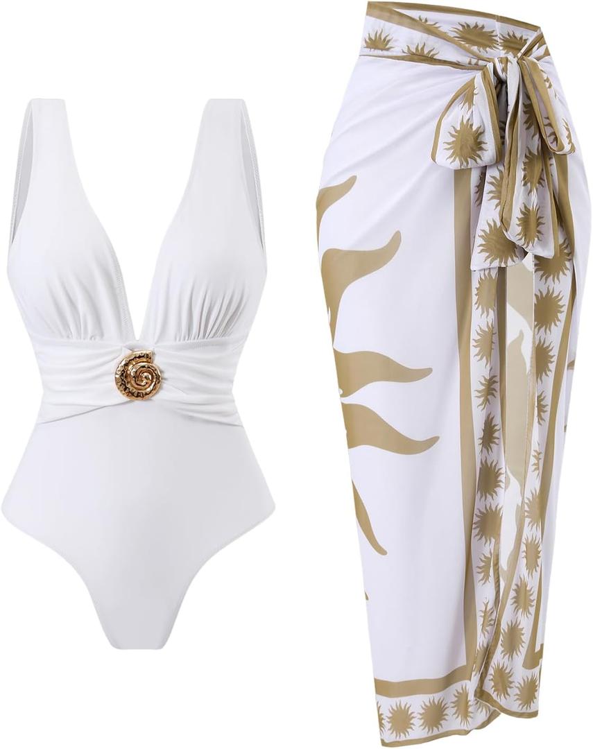 SherryDC One Piece Swimsuit with Cover up Wrap Skirt Sarong Floral Print Plunge V Neck Bathing Suit for Women (White, S)
