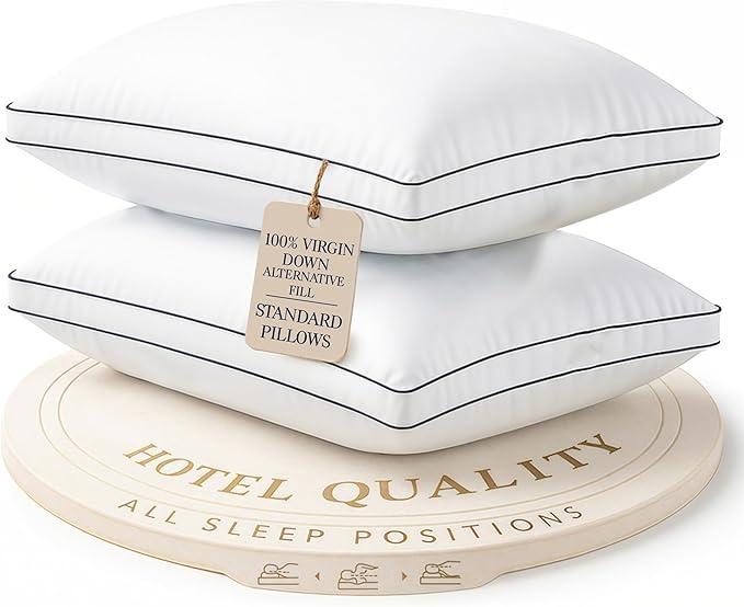 LANE LINEN Bed Pillows Standard Size Set of 2, Medium Soft Support Gusseted Hotel Pillows, Down Alternative Standard Pillow for Side Sleepers, Machine Washable, Comfortable for Quality Sleep - White