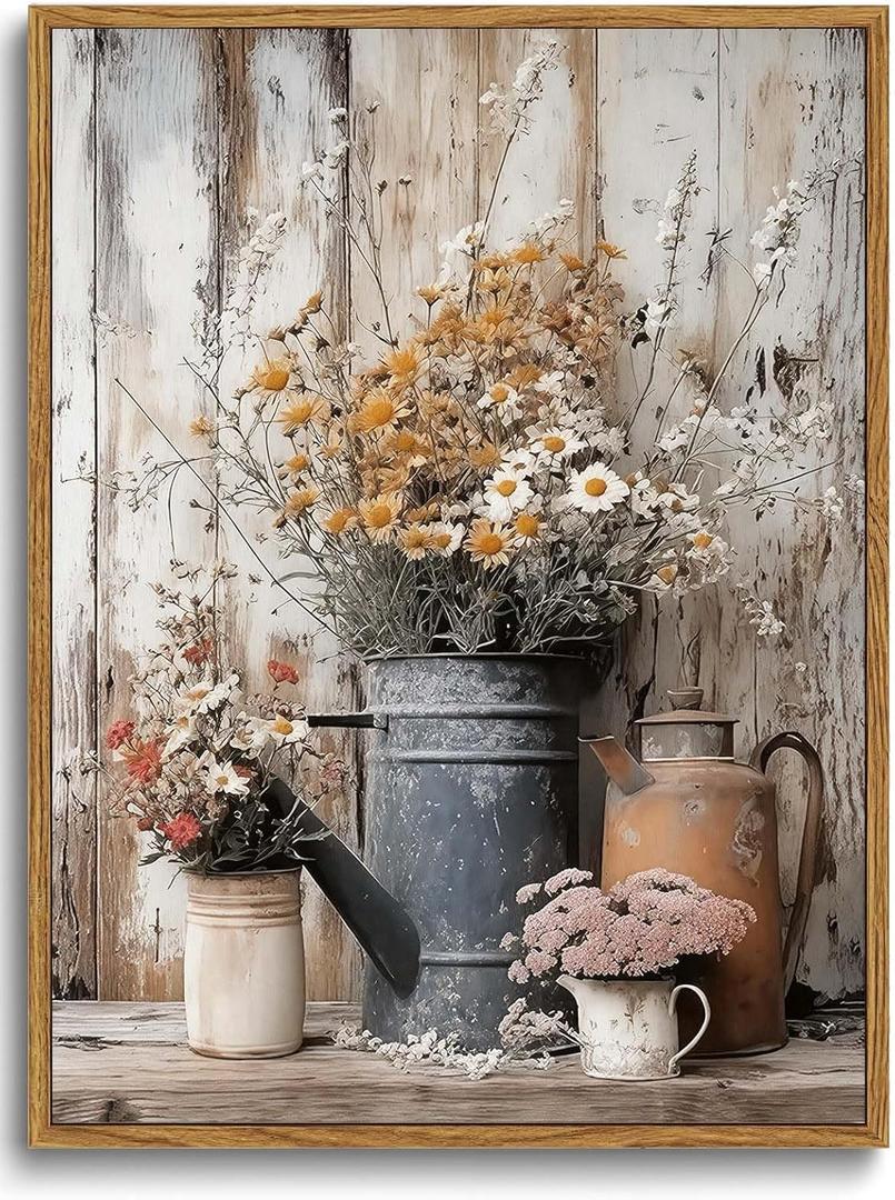 XLARTMY Framed Farmhouse Vintage Canvas Wall ArtFloral Daisy Pictures Wall Decor Paintings Country Flower Artwork Poster Prints for Living Room Kitchen Bedroom Bathroom 8x10In