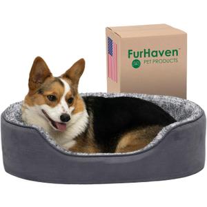 Furhaven Dog Bed for Large/Medium Dogs w/ Removable Washable Cover & Pillow Cushion Insert, For Dogs Up to 30 lbs - Two-Tone Faux Fur & Suede Oval Lounger - Gray, Large