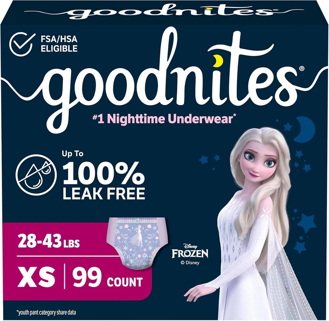 Goodnites Girls' Nighttime Bedwetting Underwear, Size Extra Small (28-43 lbs), 99 Ct