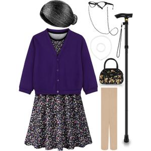 Old Lady Costume for Kids 100 Days of School Costume for Girls 100th Day of School Granny Old Lady Dress Up Accessory (5-7X, Purple)