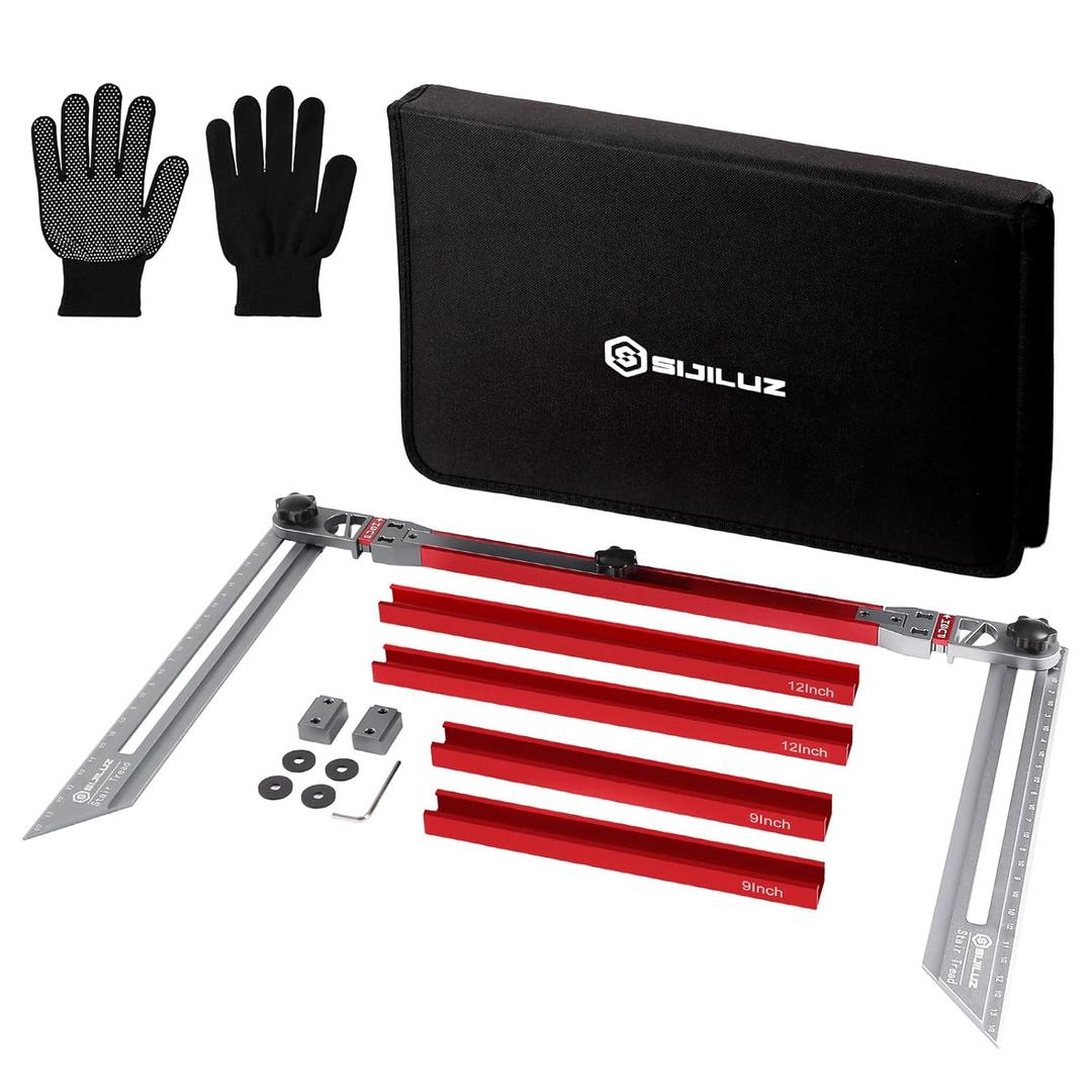 Stair Tread Template Tool, Upgrade Stair Gauge Tool, Accurate Stair Measuring Tool with Gloves, Aluminum Stair Tread Jig Scribe Tool for Riser, Shelf and Cutting Drywall