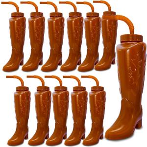 12 Pcs Cowboy Boot Party Plastic Cups with Straws and Lids 12 Ounces Plastic Cowboy Cups for Western Themed Party Supplies and Rodeo Decorations (Brown)