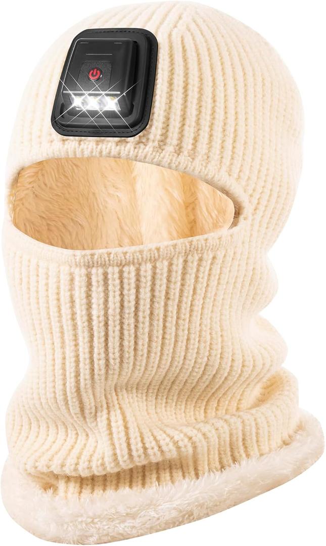 Winter Balaclava Knitted Ski Mask with LED Light - Fleece Lined Full Face Cover Windproof Snow Mask for Skiing, Motorcycling