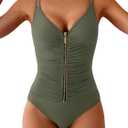 Eomenie One Piece Swimsuit for Women Zip Front Tummy Control Bathing Suit Ruched Slimming Swimwear Double Straps Swim Suit (Green, XL)