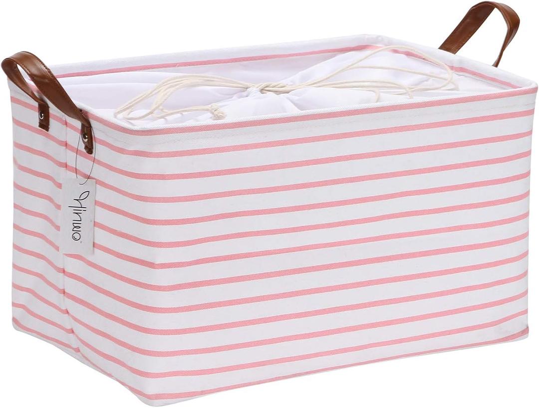 Hinwo 31L Large Storage Bins, Closet Organizers and Storage, Shelf Baskets, Foldable Clothes Storage Baskets with Handles, Containers for Clothing, Blanket, Towels, Toys, Bedding (Pink Stripe) (16.5" / 31L / 1-Pack)