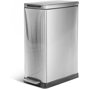 Home Zone Living 12 Gallon Slim Kitchen Trash Can with Soft Close Lid, Step Pedal, Bag Tuck Band, and Removable Liner, Stainless Steel, Silver