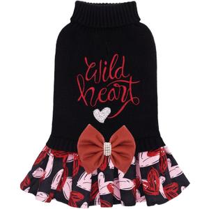 CuteBone Core Spun Dog Sweater Dress for Small Dogs Girl, Wild Heart Embroidery Turtleneck Medium Dog Sweater with Leash Hole, Dog Coat for Chihuahua Yorkie Teacup DS103L