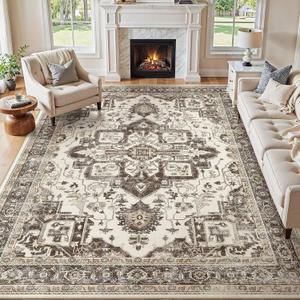 10x14 Washable Area Rugs for Living Room, Large Rug Non Slip Backing Vintage Distressed Stain Resistant Soft Low Pile Indoor Carpet for Bedroom Dining Room Kid & Pet Friendly-Dark Brown