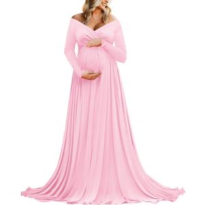 Saslax Maternity Off Shoulders Half Circle Gown for Baby Shower Photo Props Dress (N-pink 29) XL