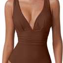 QINSEN Womens Sexy V Neck One Piece Bathing Suit Cross Back Swimsuit High Waist Monokini (Brown), XL