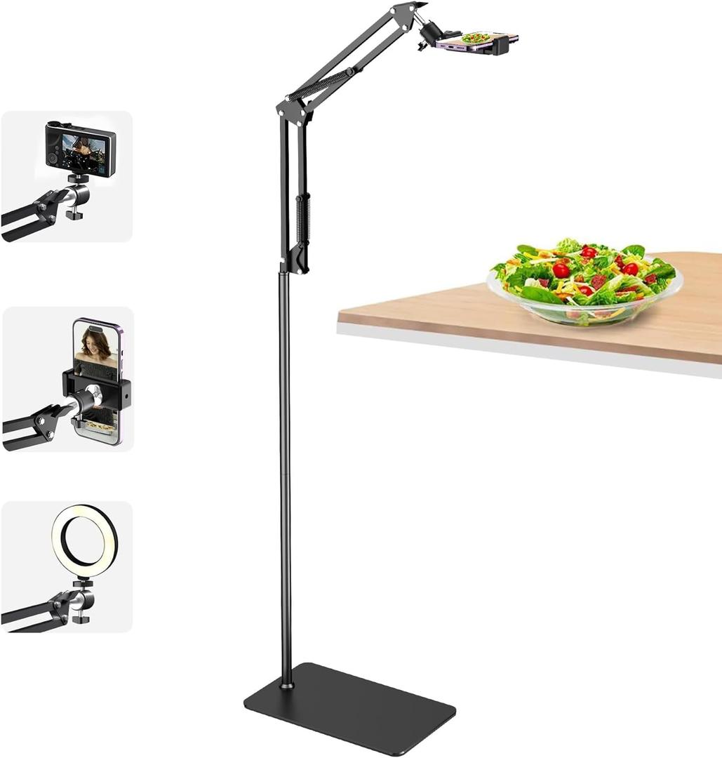Floor Overhead Phone Mount, Phone Tripod Stand for Video Recording, Arm Holder Compatible with iPhone Camera with 1/4Screw for Filming, Food Photograhy, Live Content Creation