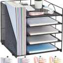 LEKETREE Desk Organizers and Accessories, 5-Tier Paper Letter Tray Organizer with File Holder, Desktop Organizer for Office Supplies (Black) (12" x 12" x 12")